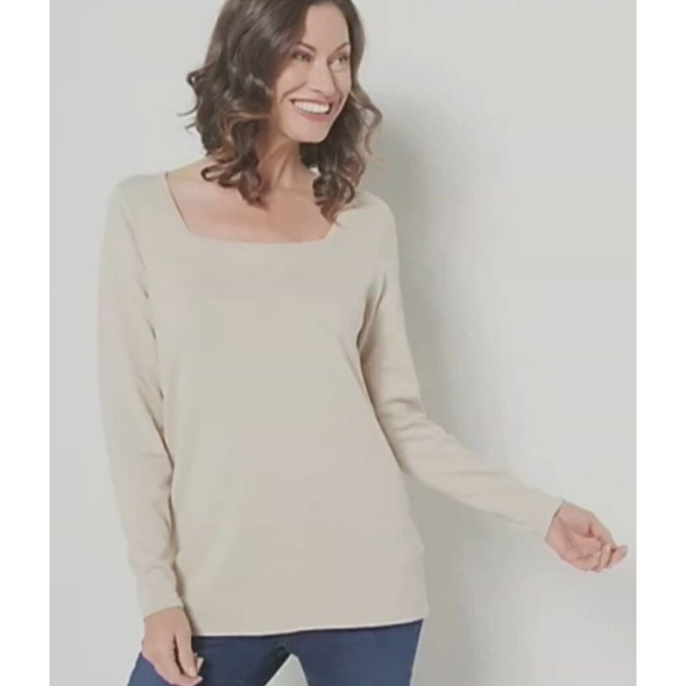 Belle by Kim Gravel Feather Knit Square Neck Sweater Women 5X Sand Bar Rayon NEW